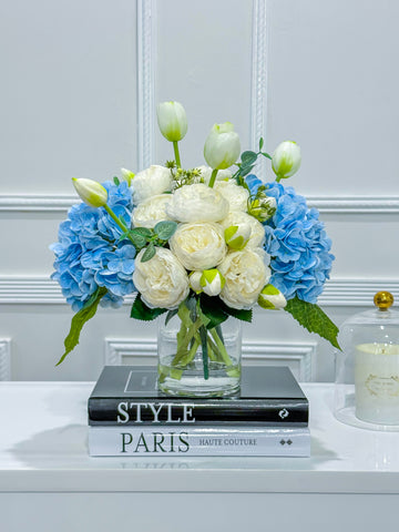 French Country Peony Arrangement in Vase, Blue Floral Arrangement